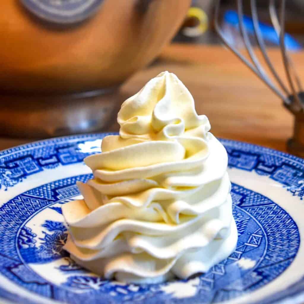 Piped stabilized whipping cream on a blue and white plate.