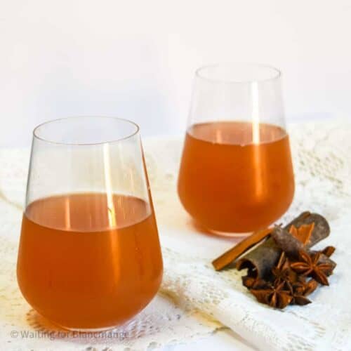Two glasses of homemade fresh apple cider with spices.