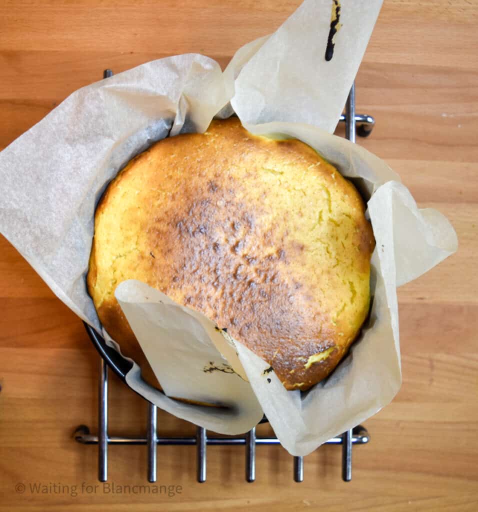 Top of a eggnog cheesecake in the basque burnt cheesecake style.