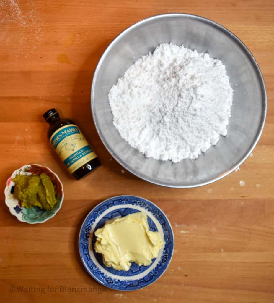 Ingredients for pistachio buttercream frosting.