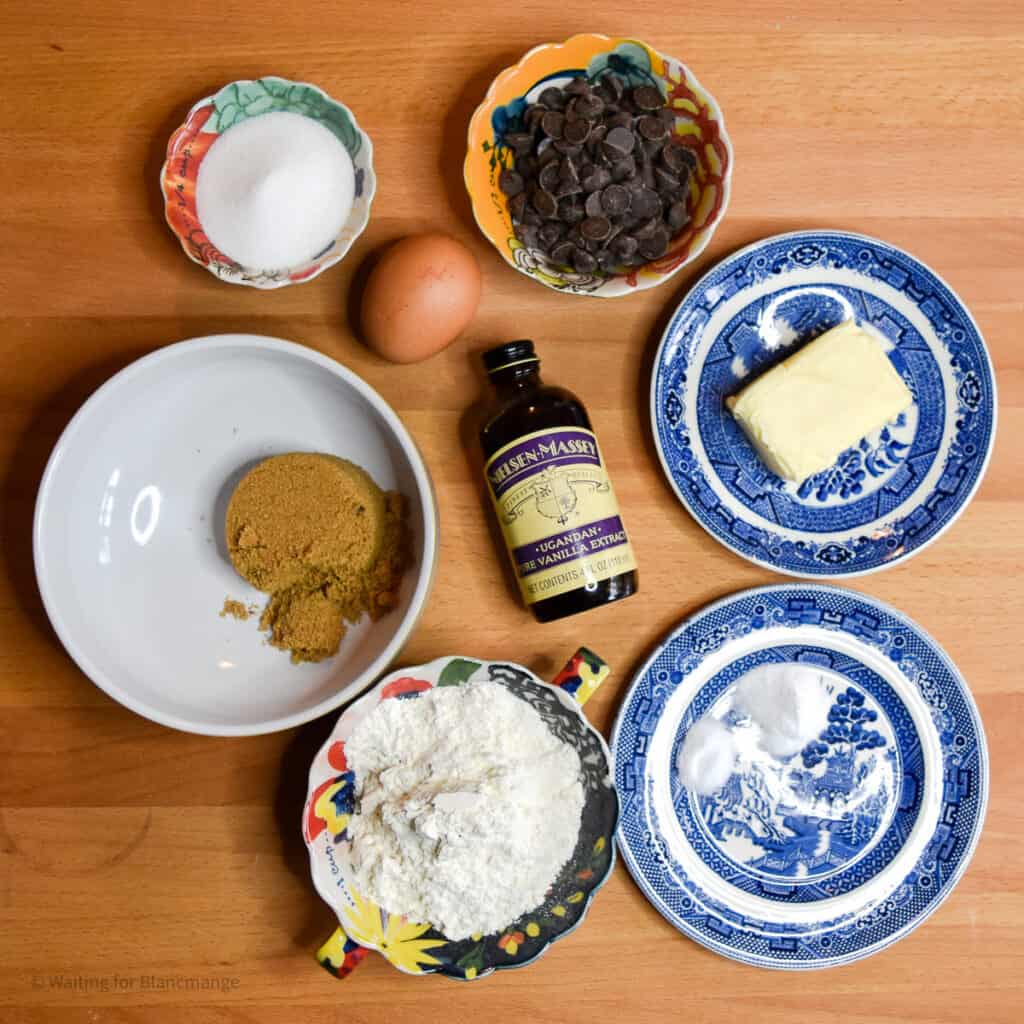 Ingredients for chocolate chip cookie layer of brookie cookie bottomed brownie bar.