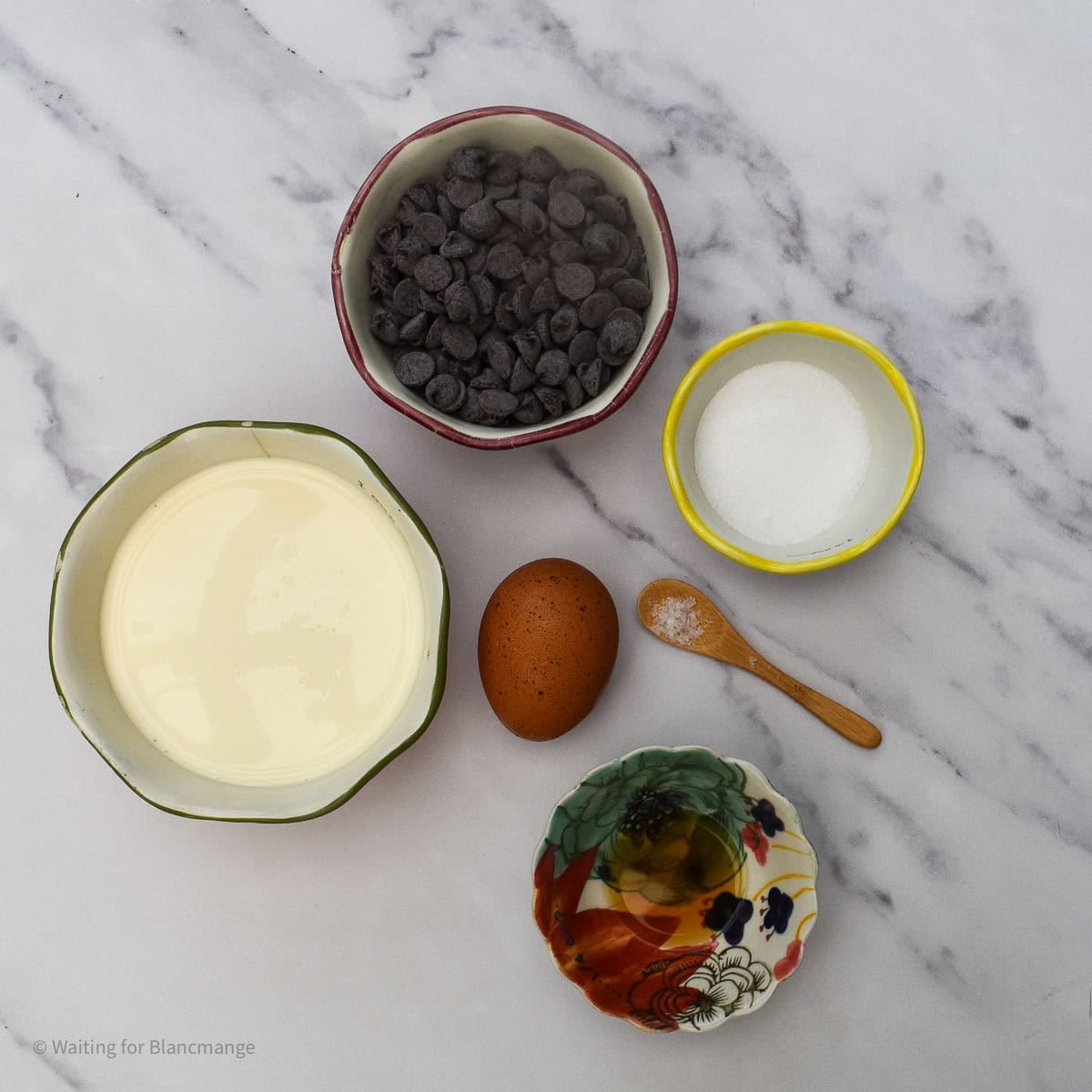 Overhead shot of ingredients for chocolate tart filling.